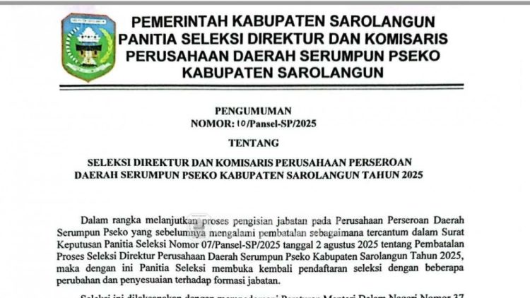 Pemkab Sarolangun Buka Seleksi Direktur dan Komisaris Perseroda Serumpun Pseko, Pendaftaran Resmi Dimulai
