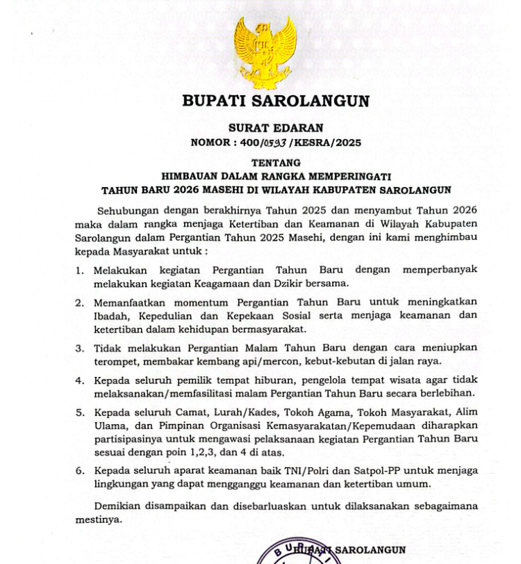 Sambut Malam Tahun Baru 2026, Bupati Sarolangun Larang Bakar Petasan dan Konvoi